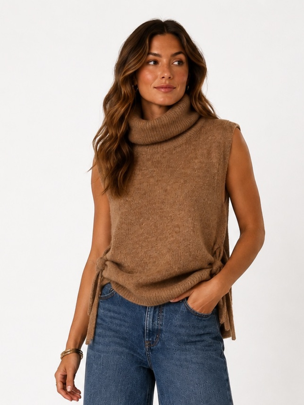 Mango Camel Knit Sleeveless Turtleneck Sweater Vest Side Tie Tan Wool Black S